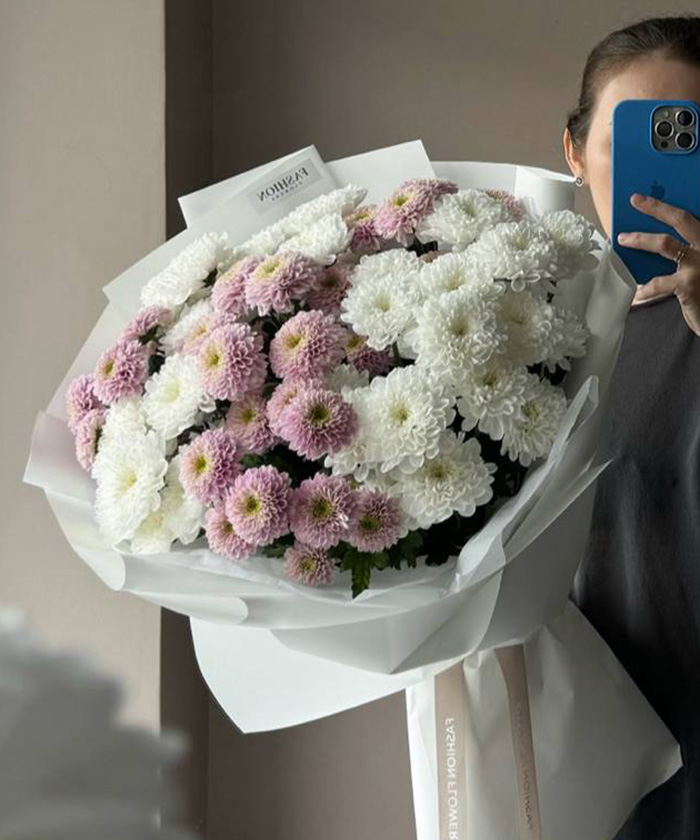 9 розово-белых кустовых хризантем Алтай и Летсгоу пинк №3458