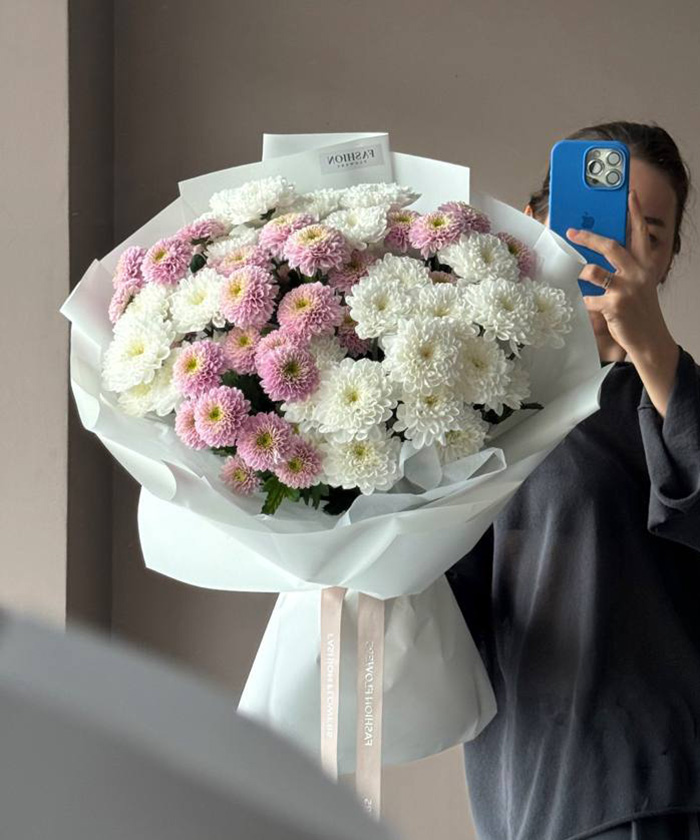 9 розово-белых кустовых хризантем Алтай и Летсгоу пинк №3458